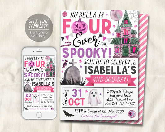 Four Ever Spooky Halloween 4th Birthday Invitation Editable Template