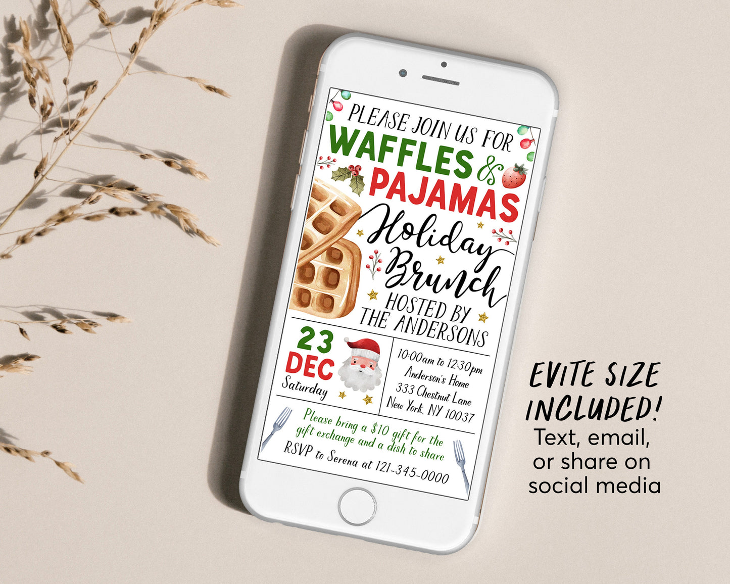 Christmas Waffles and Pajamas Invitation Editable Template, Xmas Holiday Brunch Waffles And PJs Party Invite, Breakfast With Santa Evite