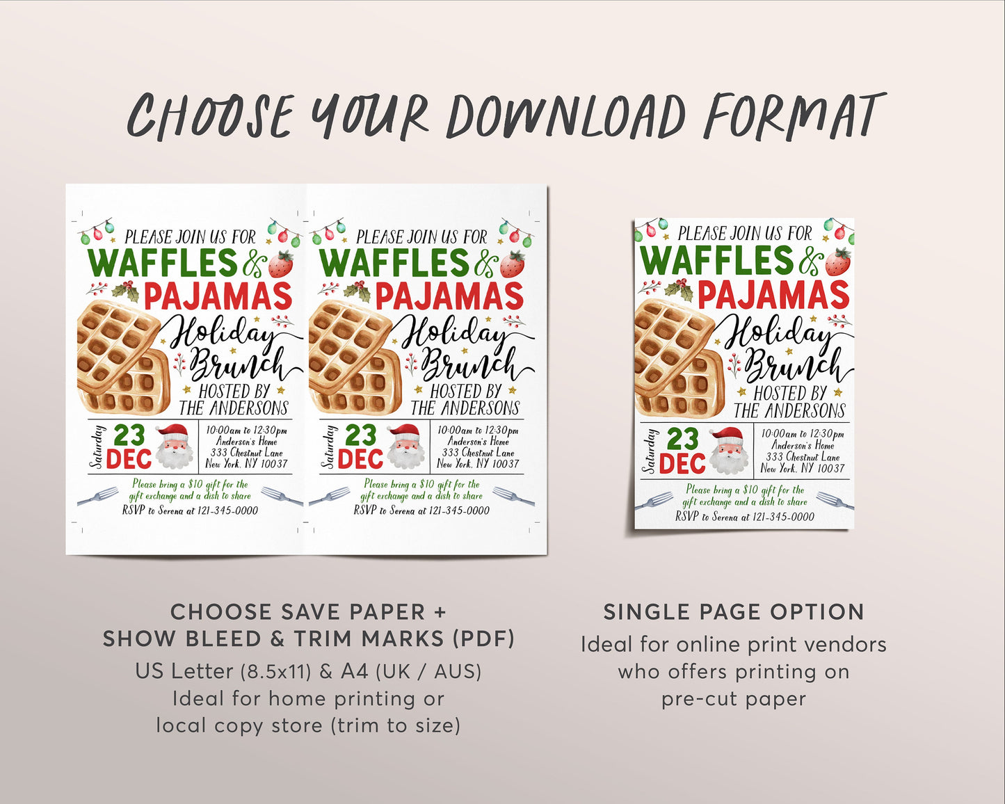 Christmas Waffles and Pajamas Invitation Editable Template, Xmas Holiday Brunch Waffles And PJs Party Invite, Breakfast With Santa Evite