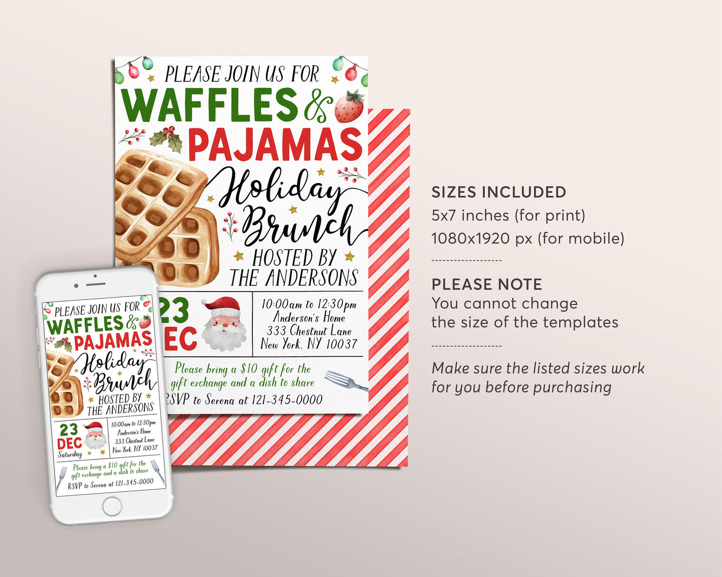 Christmas Waffles and Pajamas Invitation Editable Template, Xmas Holiday Brunch Waffles And PJs Party Invite, Breakfast With Santa Evite