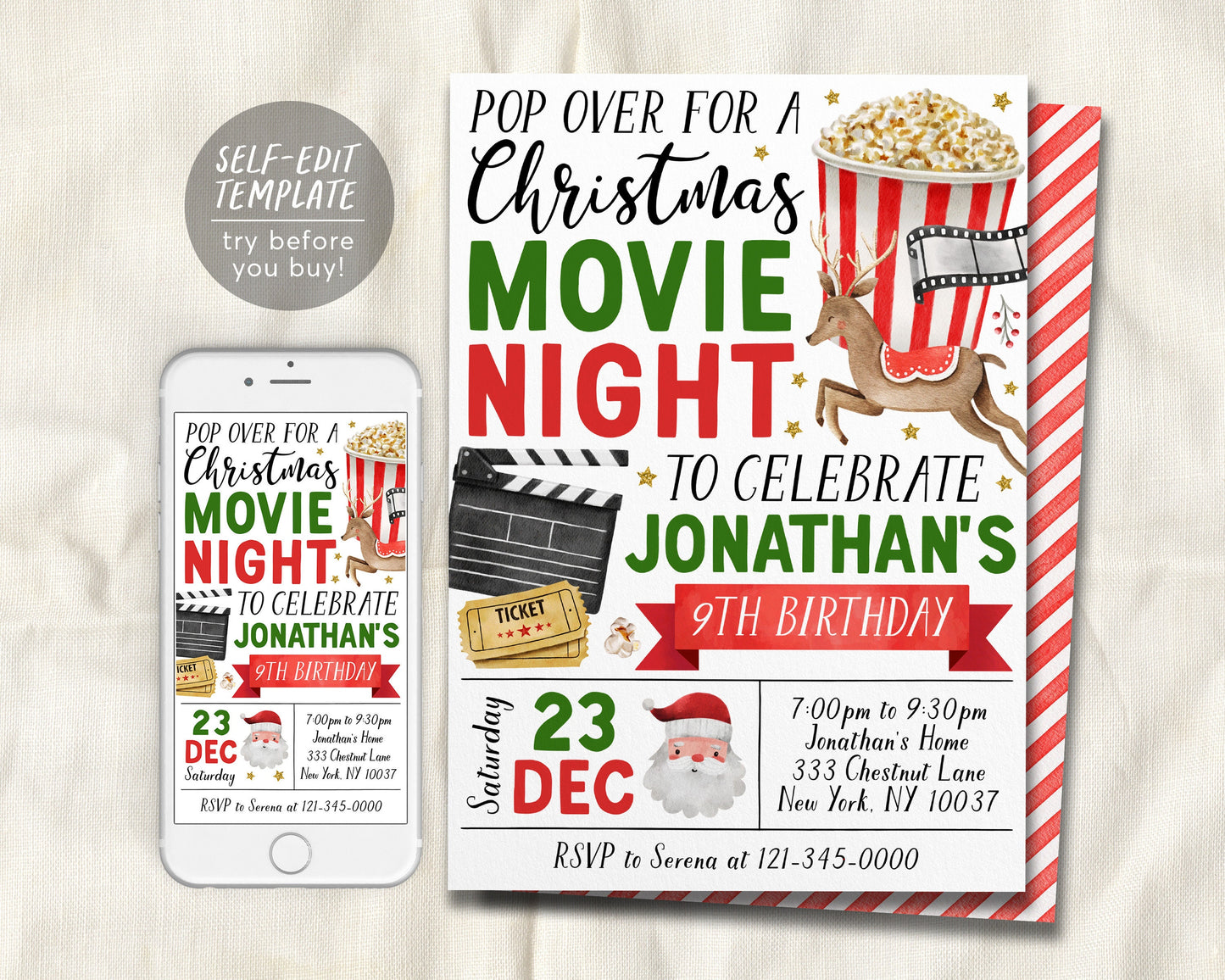 Christmas Movie Night Birthday Invitation Editable Template