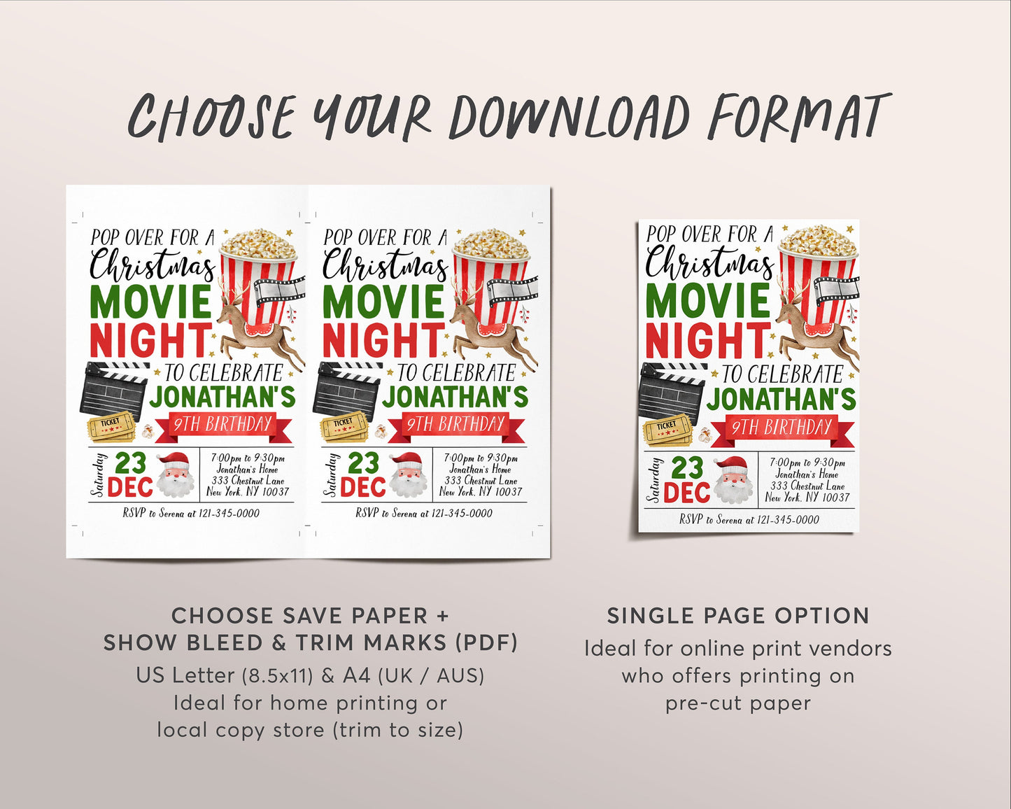 Christmas Movie Night Birthday Invitation Editable Template, Kids Backyard Outdoor Movie Night Invite, Xmas Holiday Movie Popcorn Evite