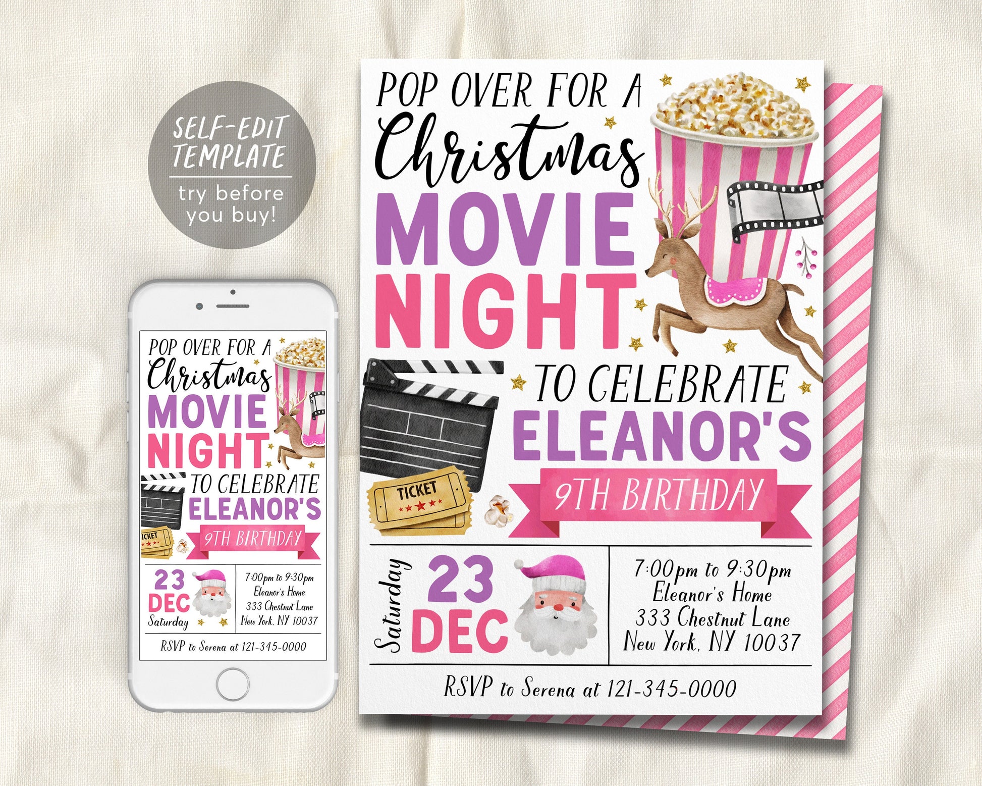 Christmas Movie Night Birthday Invitation Editable Template