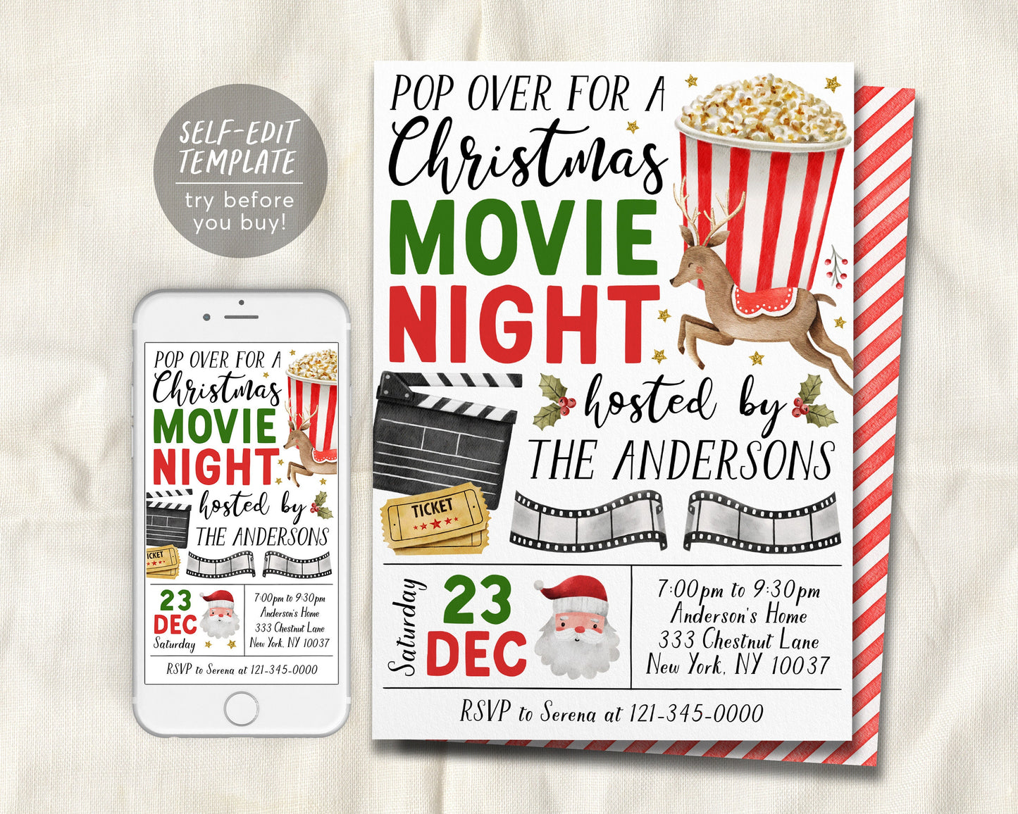 Christmas Movie Night Invitation Editable Template