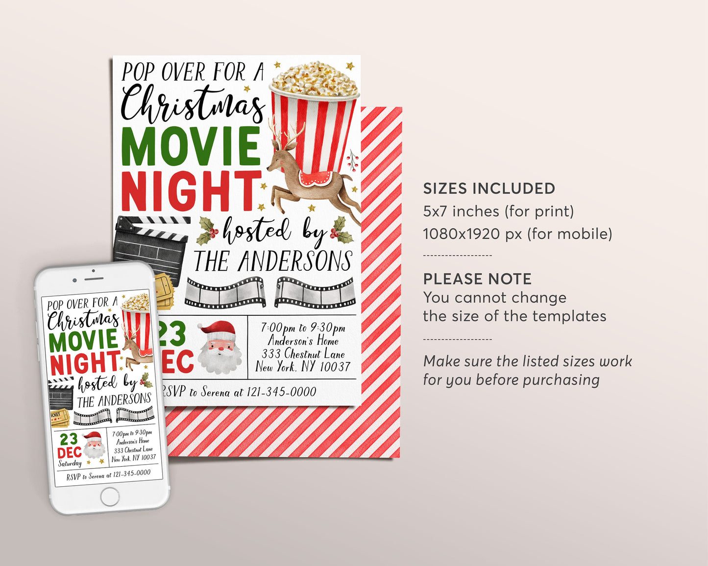 Christmas Movie Night Invitation Editable Template, Kids Backyard Outdoor Movie Night Invite, Holiday Movie Night Winter Popcorn Party Evite