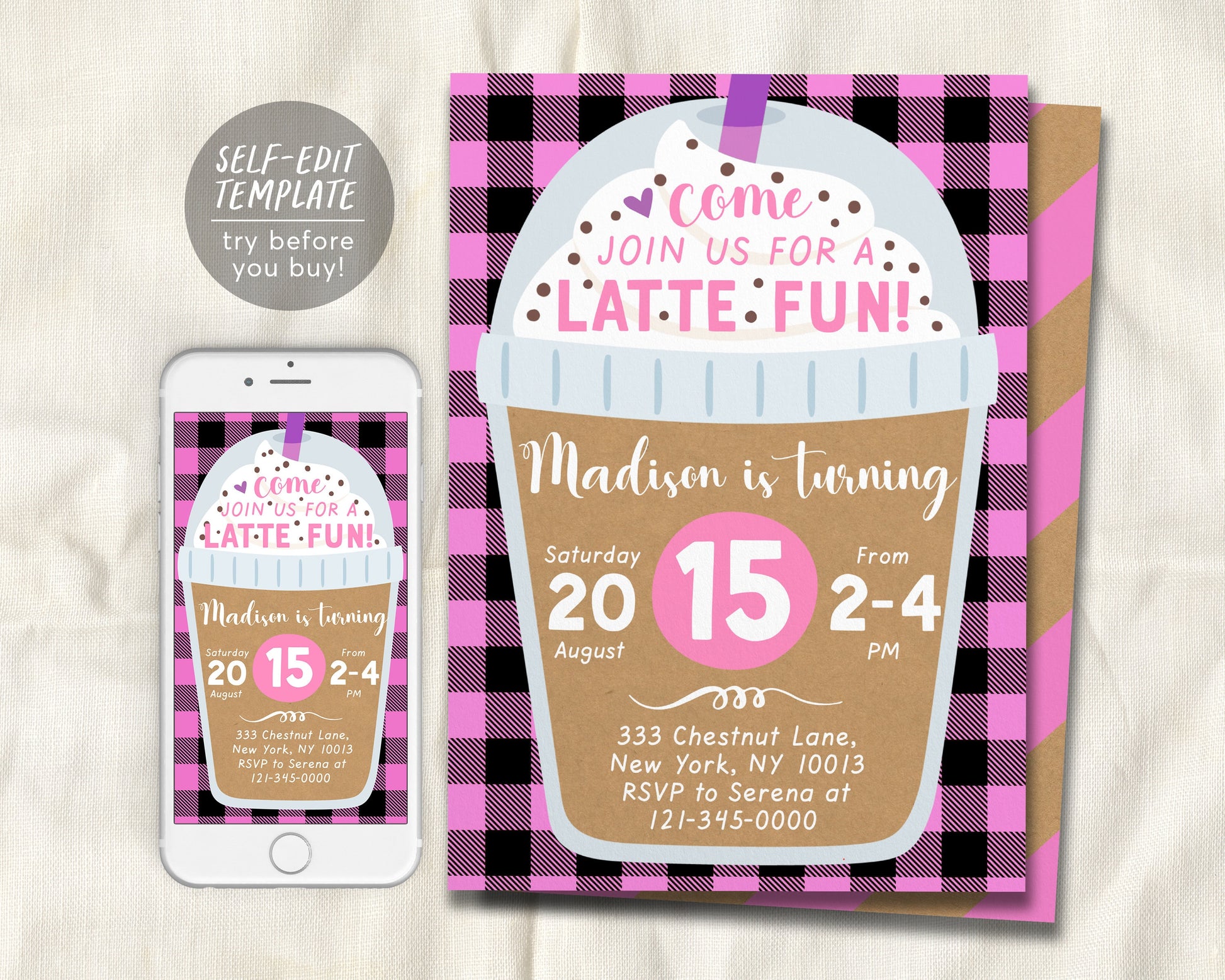 Coffee Birthday Invitation Editable Template, Latte Fun Invite