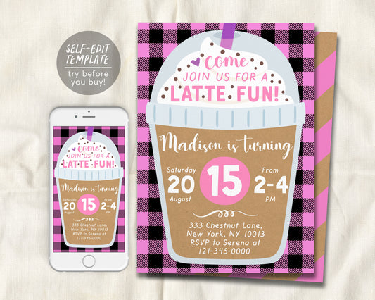 Coffee Birthday Invitation Editable Template, Latte Fun Invite