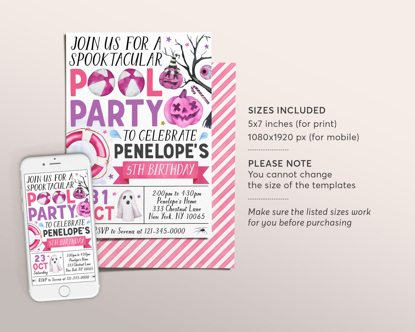 Halloween Pool Party Invitation Editable Template, Girl Ghost Birthday Party Invite, Kids Spooktacular Halloween Swimming Evite Printable