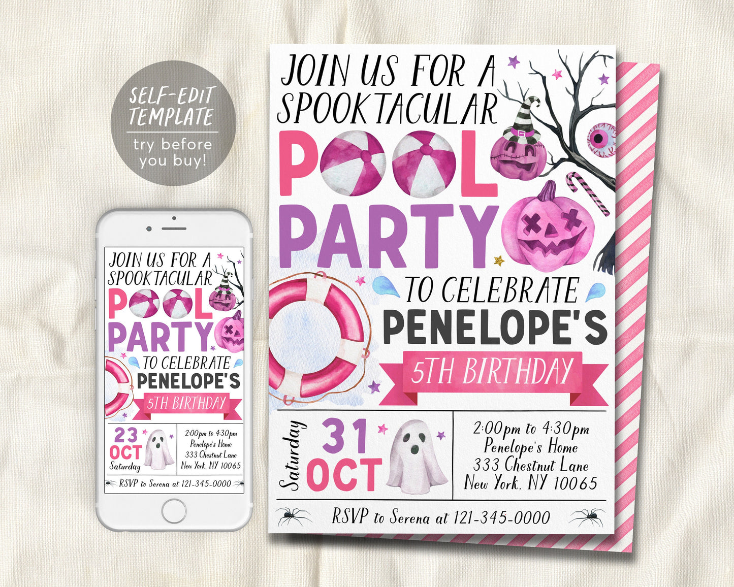 Halloween Pool Party Invitation Editable Template