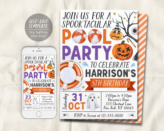 Halloween Pool Party Invitation Editable Template