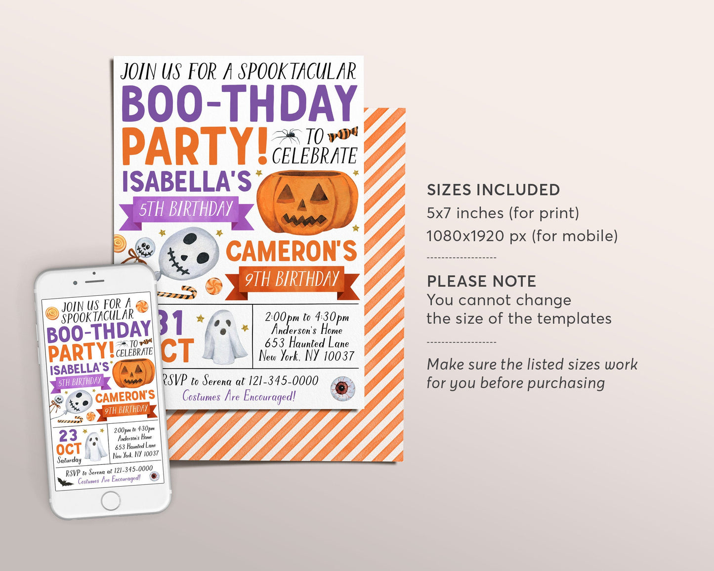 Halloween Joint Siblings Birthday Invitation Editable Template, Twins Girl Boy Ghost Boo-thday Party Invite, Kids Spooktacular Party Evite