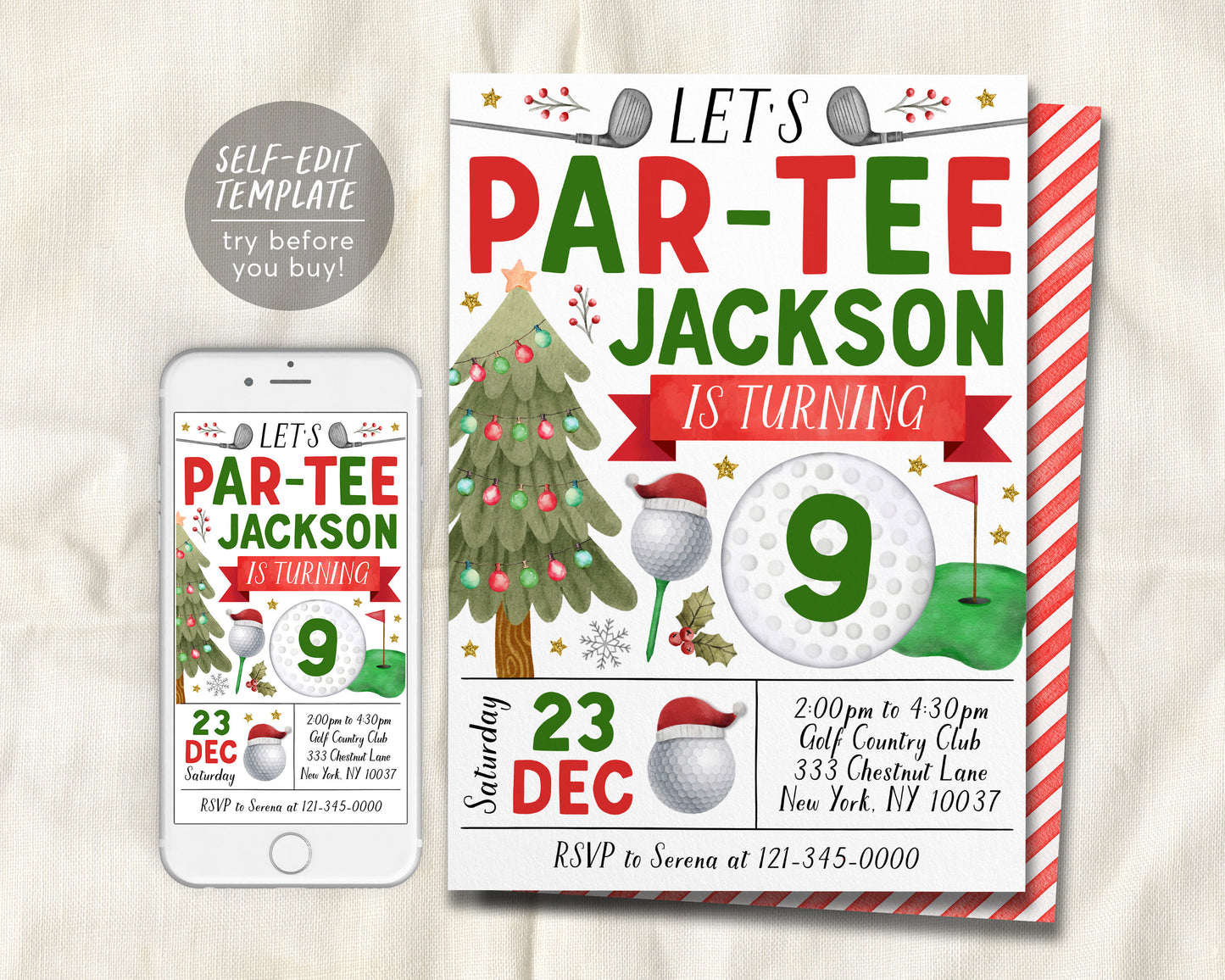 Christmas Golf Birthday Invitation Editable Template