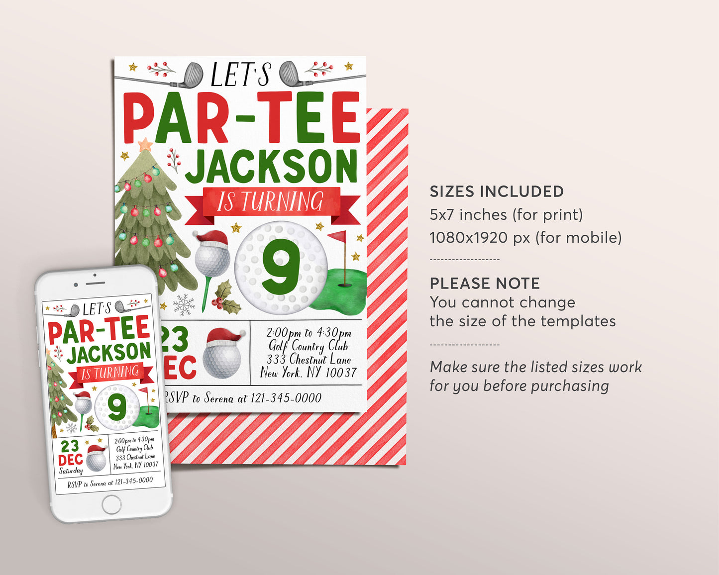 Christmas Golf Birthday Invitation Editable Template, Holiday Kids Let's Par Tee Golf Ball Party Invite, Xmas Sports Theme Evite, Mini Golf