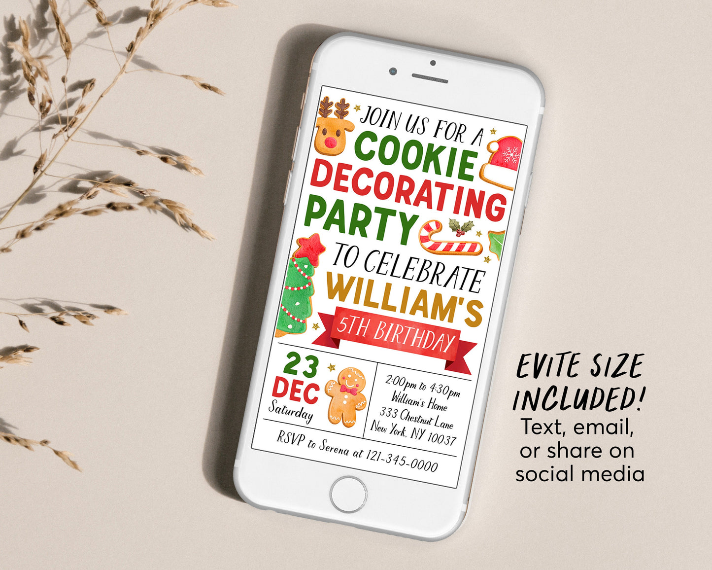 Christmas Cookie Decorating Birthday Invitation Editable Template, Holiday Kids Baking Party Invite, Festive Santa Gingerbread Man Evite