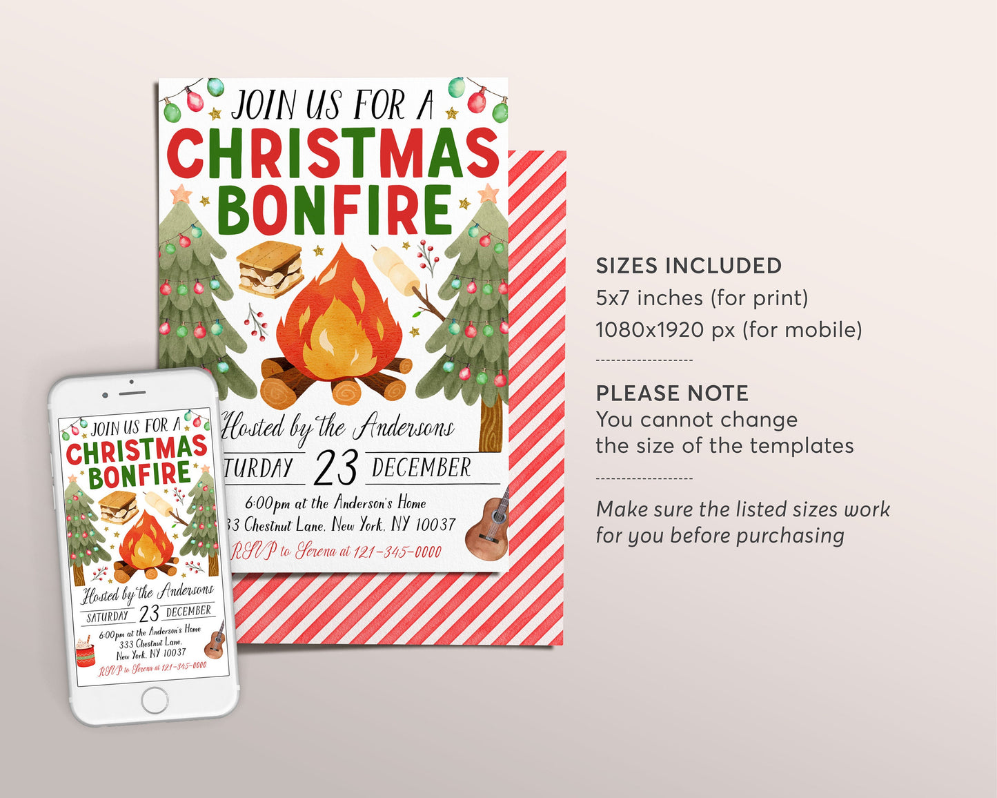 Christmas Bonfire Invitation Editable Template, Backyard Winter Holiday Party Invite, Holiday Campfire S'mores Hot Cocoa Camping Evite