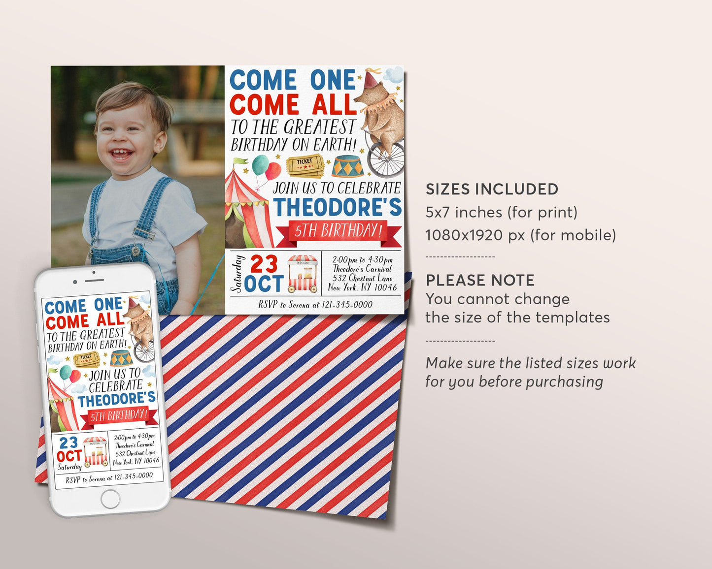 Carnival Birthday Invitation With Photo Editable Template, Unisex Circus Theme Party Invite, Kids Come One Come All Circus Popcorn Evite