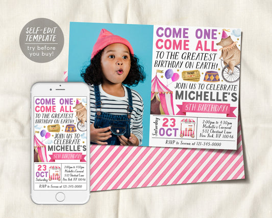 Carnival Birthday Invitation With Photo Editable Template