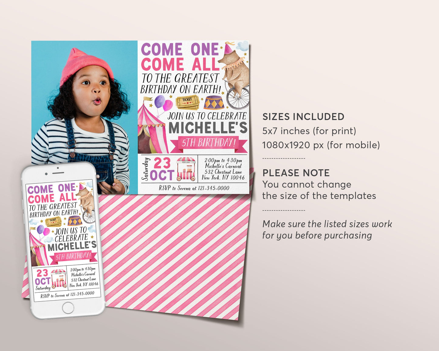 Carnival Birthday Invitation With Photo Editable Template, Pink Circus Theme Party Invite, Kids Girl Come One Come All Circus Popcorn Evite