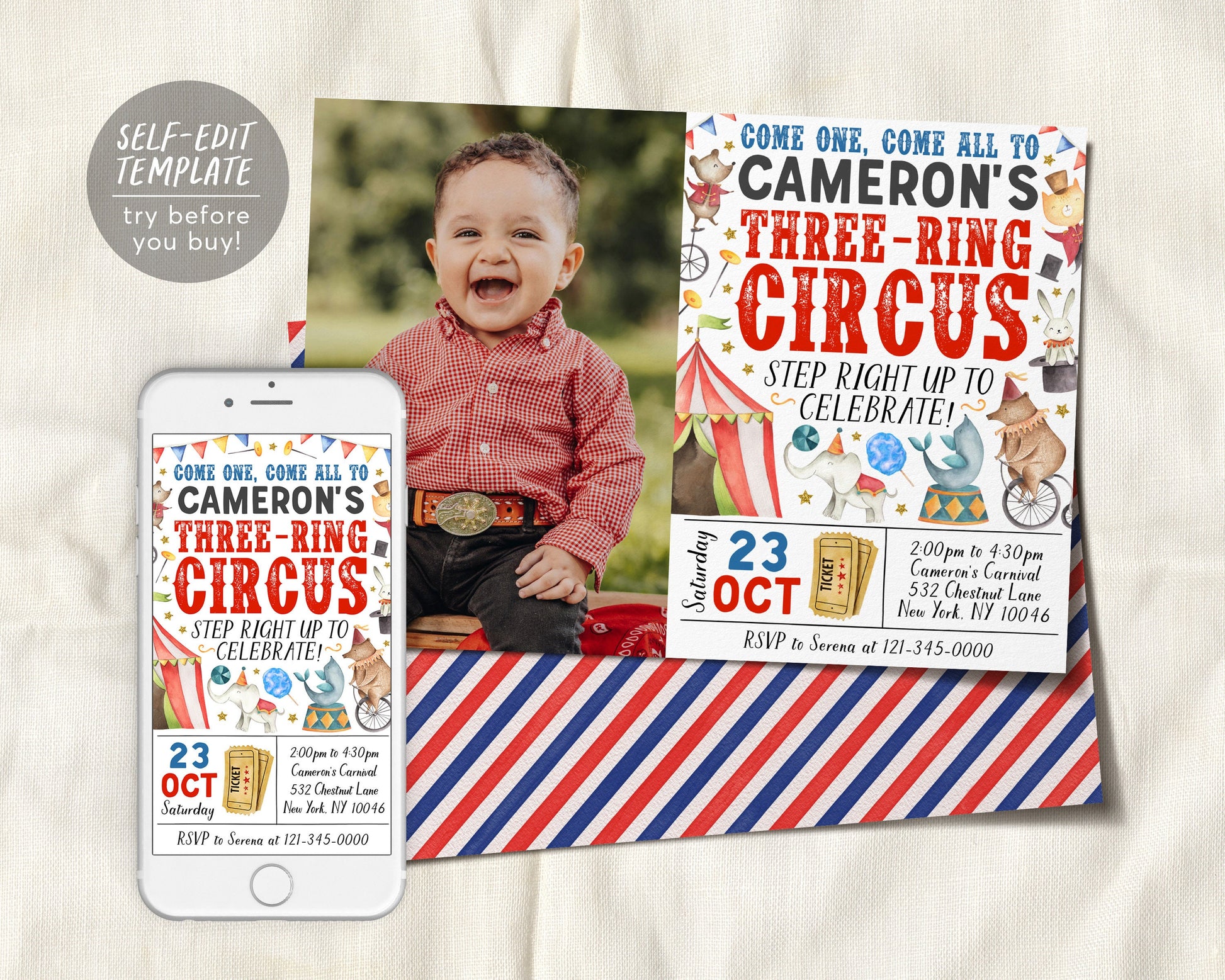 Carnival 3rd Birthday Invitation With Photo Editable Template