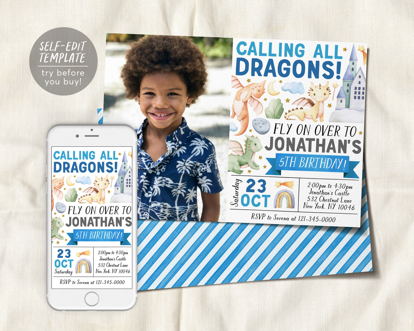 Dragon Birthday Invitation With Photo Editable Template