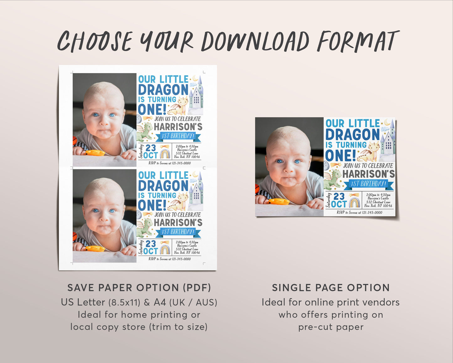 Dragon First Birthday Invitation With Photo Editable Template, Boy Magical Adventure Little Dragon Theme Party Invite , Dragons Castle Evite