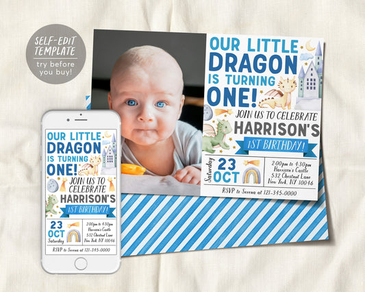 Dragon First Birthday Invitation With Photo Editable Template