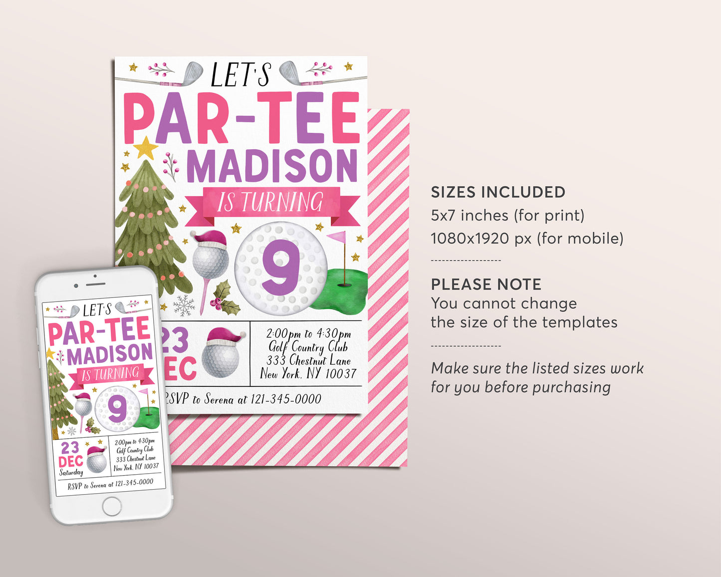 Christmas Golf Birthday Invitation Editable Template, Holiday Girl Kids Let's Par Tee Golf Ball Party Invite, Sports Theme Evite, Mini Golf