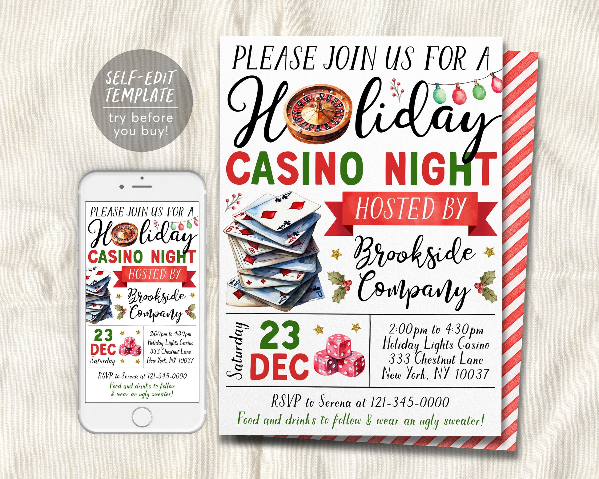 Christmas Casino Party Invitation Editable Template