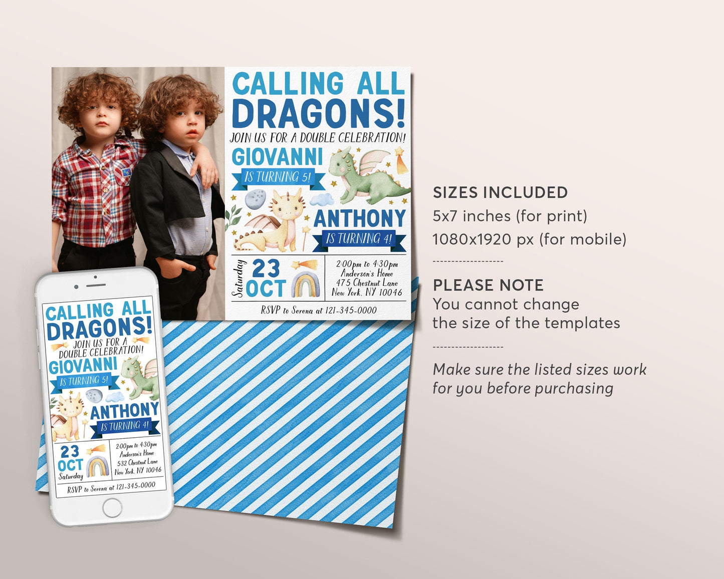 Dragon Joint Siblings Birthday Invitation With Photo Editable Template, Twins Brothers Magical Dragon Party Invite, Calling All Dragons