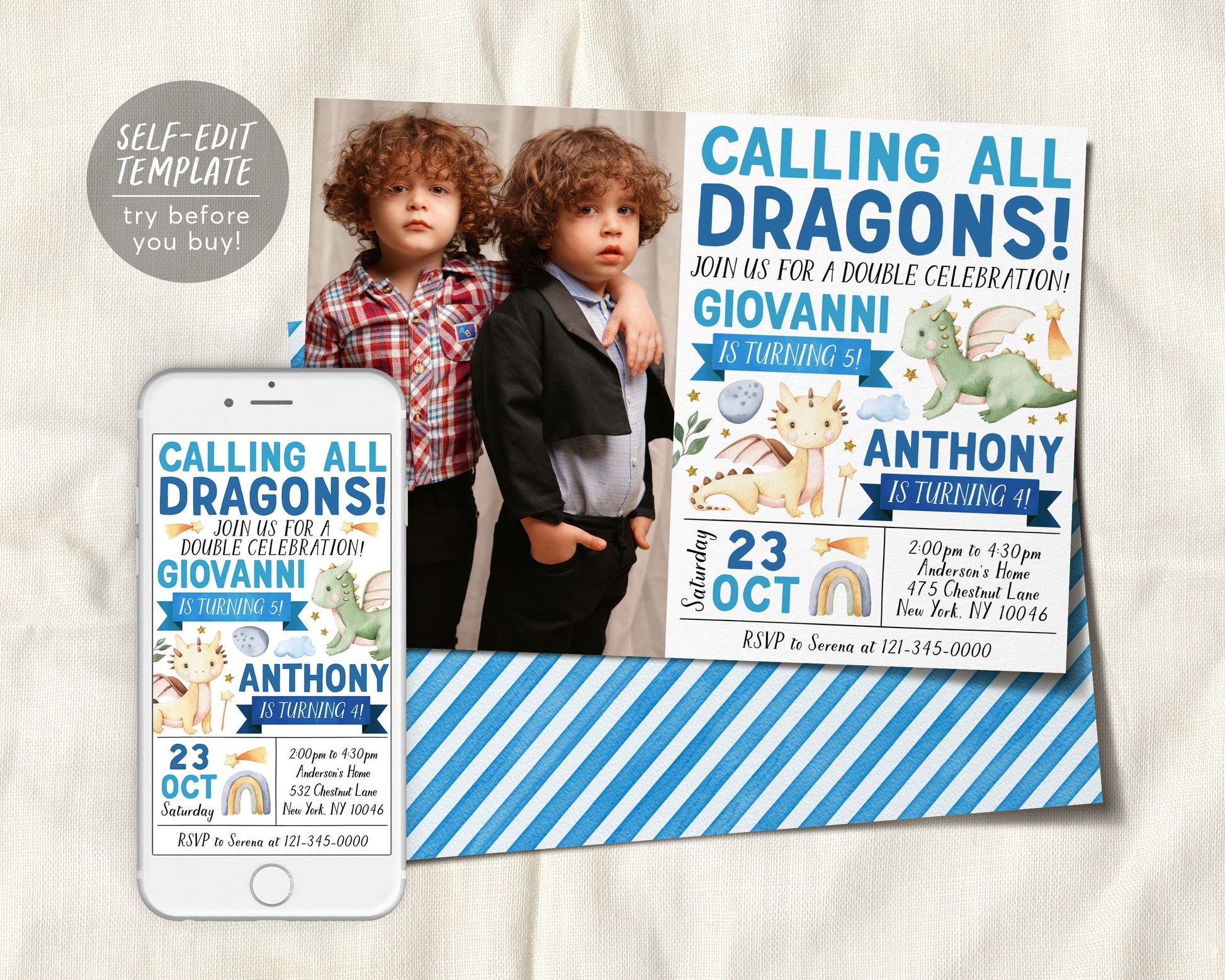 Dragon Joint Siblings Birthday Invitation With Photo Editable Template