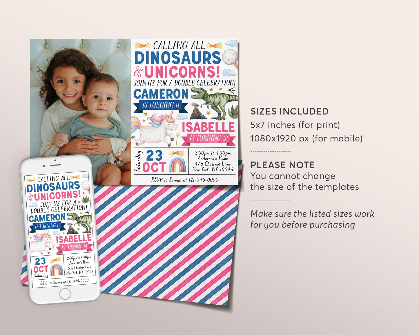 Dinosaurs and Unicorns Joint Siblings Birthday Invitation With Photo Editable Template, Twins Magical Dinosaur Unicorn Party Invite Evite