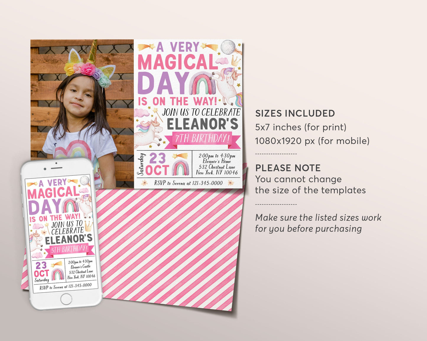 Unicorn Birthday Invitation With Photo Editable Template, Girl A Very Magical Day Party Invite, Pastel Unicorns Rainbow Shooting Star Evite