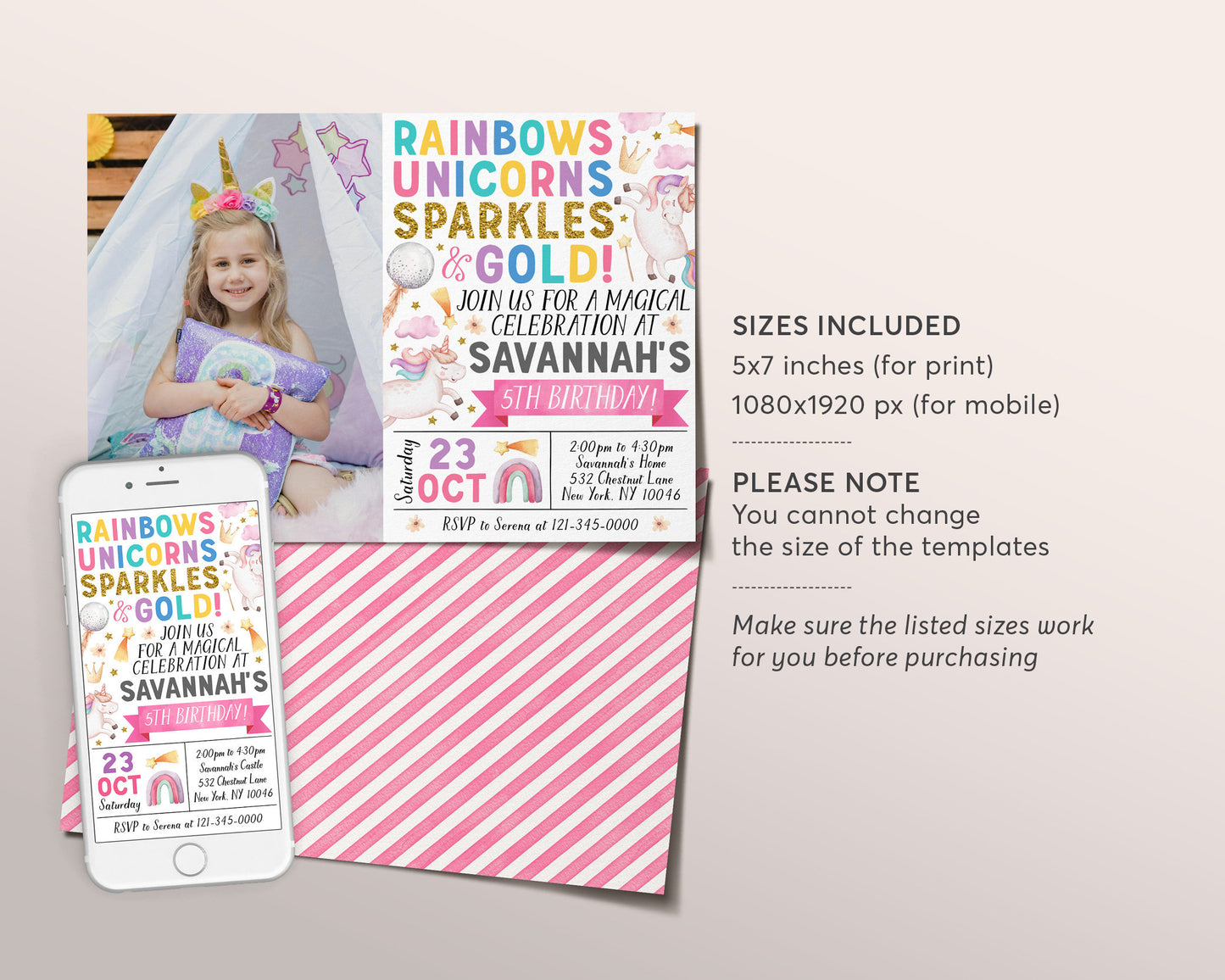 Unicorn Rainbow Birthday Invitation With Photo Editable Template, Girl Magical Celebration Party Invite, Pastel Unicorns Shooting Star Evite