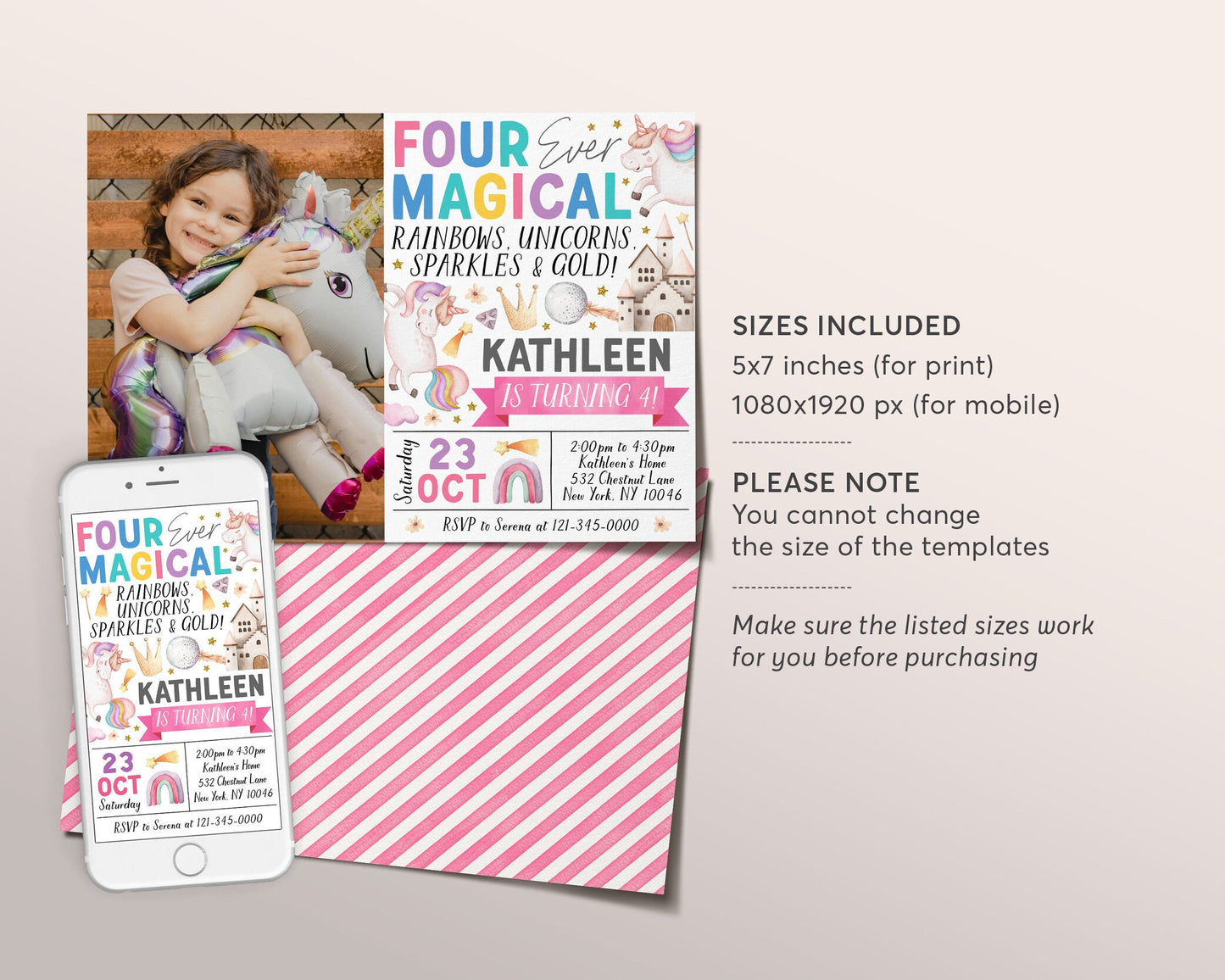 Unicorn 4th Birthday Invitation With Photo Editable Template, Girl Four Ever Magical Fourth Birthday Party Invite, Unicorns Rainbow Evite