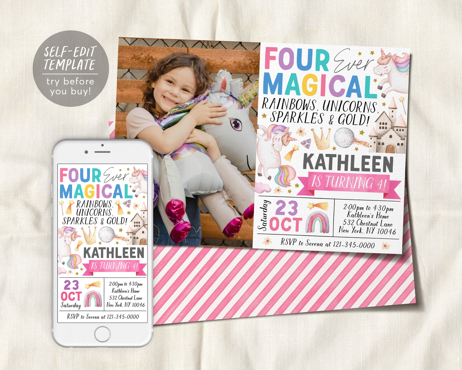 Unicorn 4th Birthday Invitation With Photo Editable Template