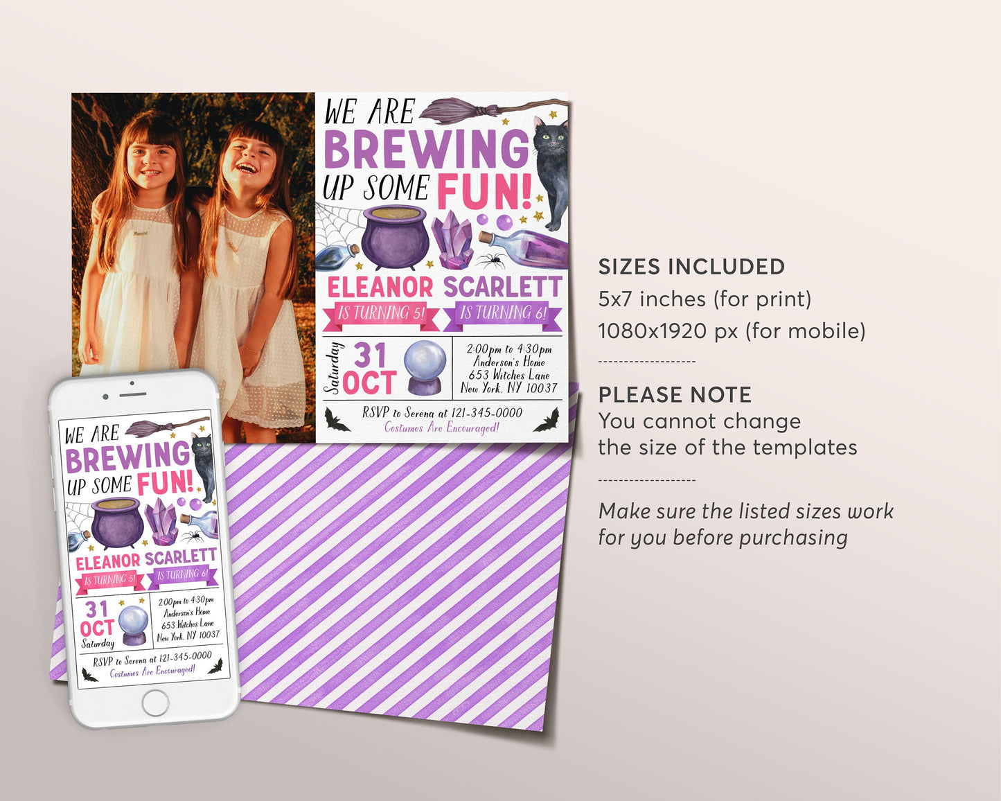 Witch Birthday Joint Siblings Birthday Invitation With Photo Editable Template, Twins Kids Brewing Up Some Fun Halloween Night Party Invite