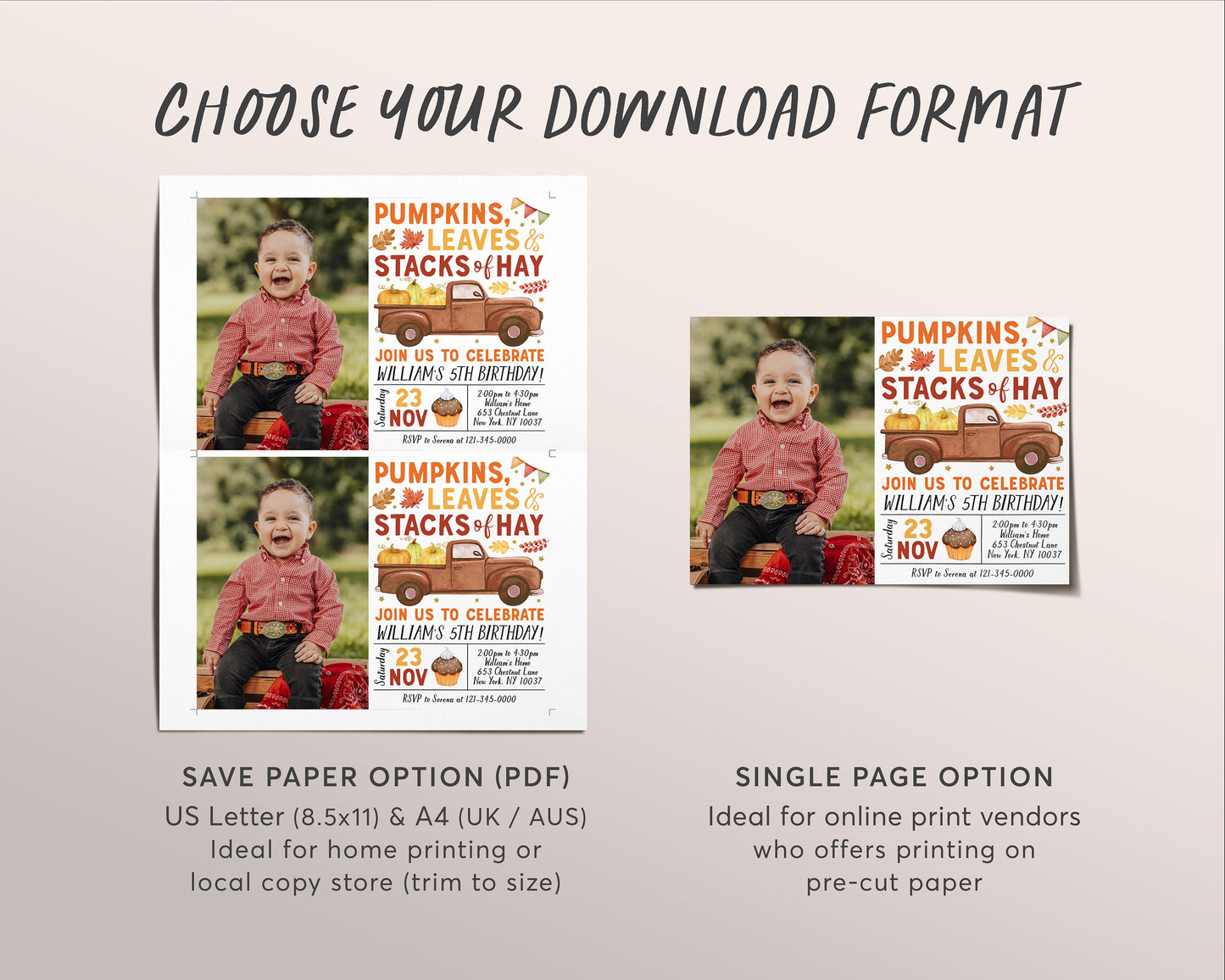 Pumpkin Truck Birthday Invitation With Photo Editable Template, Kids Unisex Pumpkin Patch Autumn Party Invite, Leaves Stacks Of Hay Evite