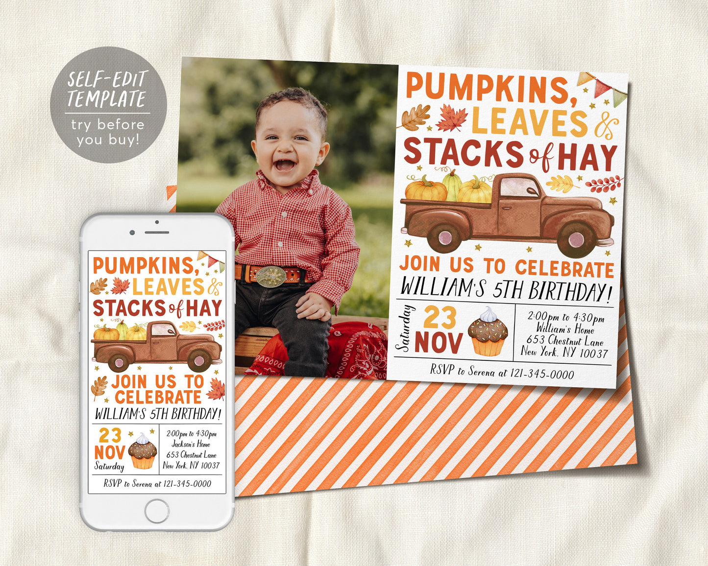 Pumpkin Truck Birthday Invitation With Photo Editable Template