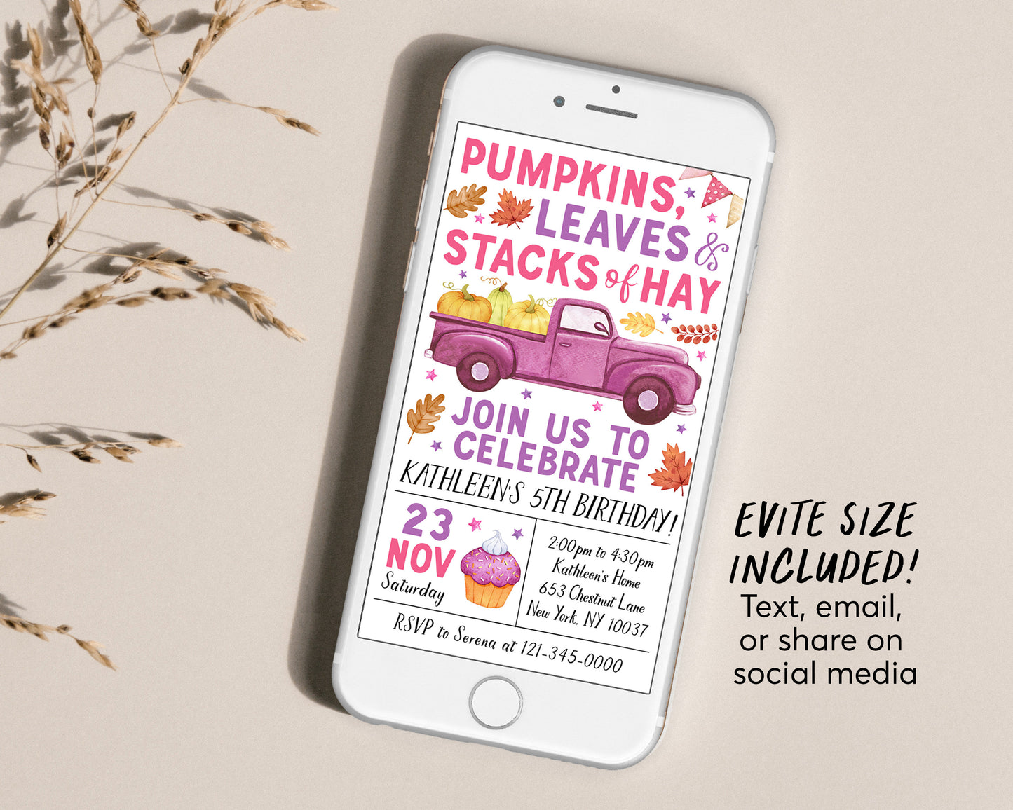 Pumpkin Truck Birthday Invitation With Photo Editable Template, Kids Girl Pumpkin Patch Autumn Party Invite, Leaves Stacks Of Hay Evite