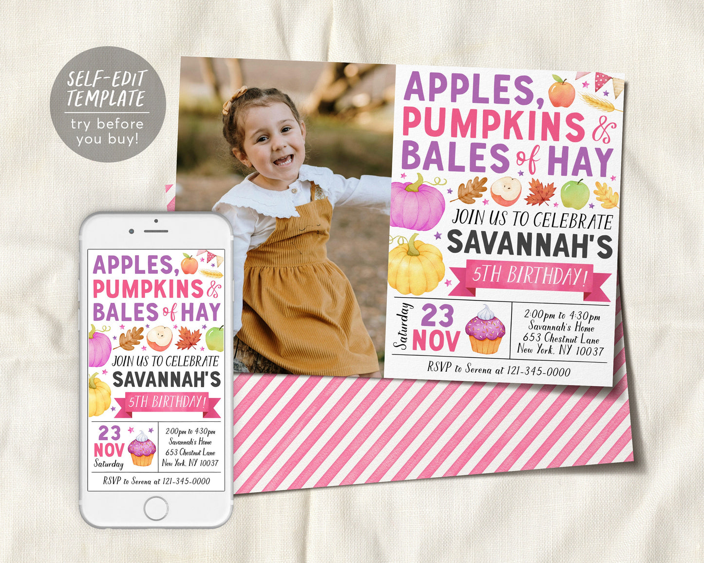 Apple and Pumpkins Birthday Invitation With Photo Editable Template