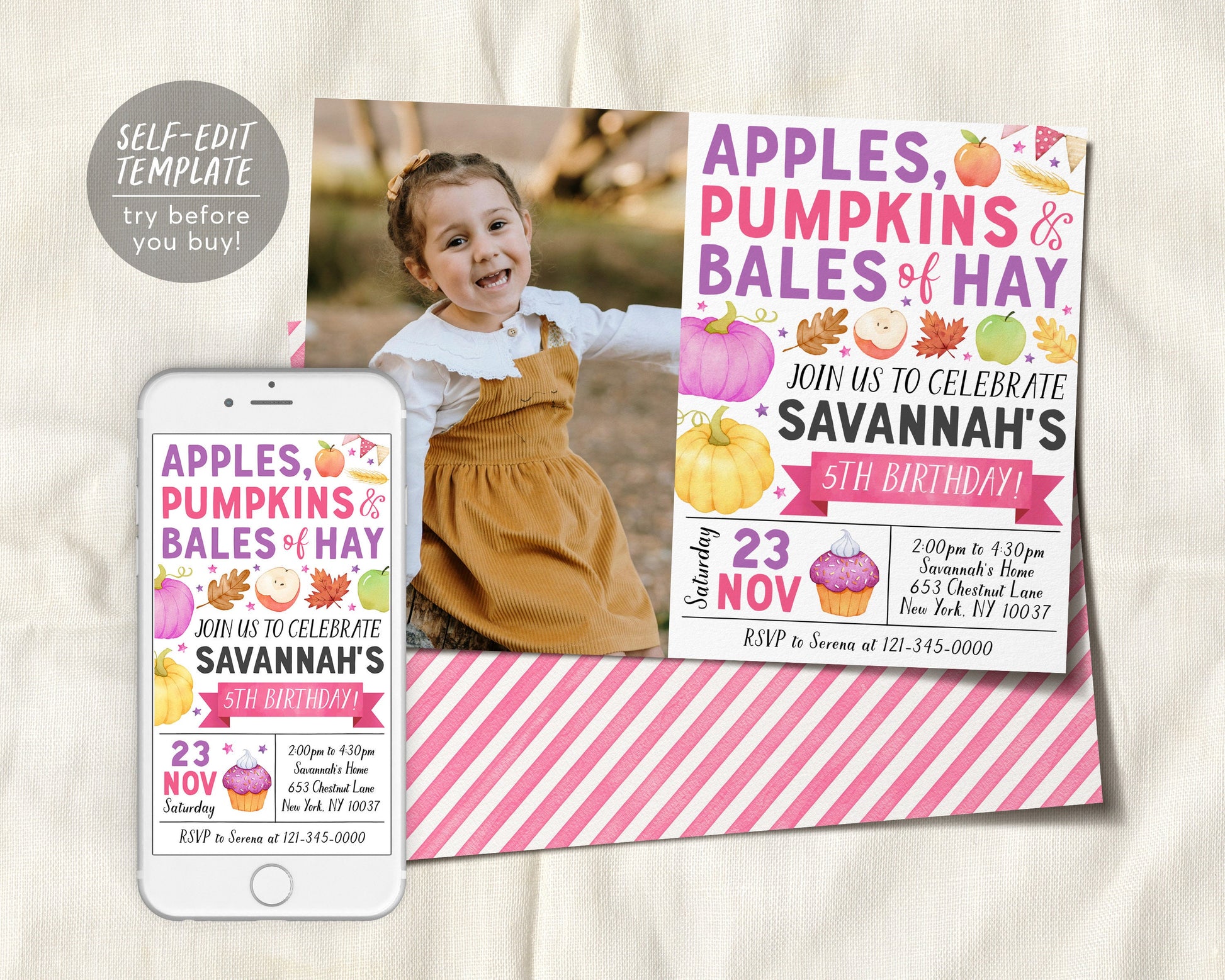 Apple and Pumpkins Birthday Invitation With Photo Editable Template