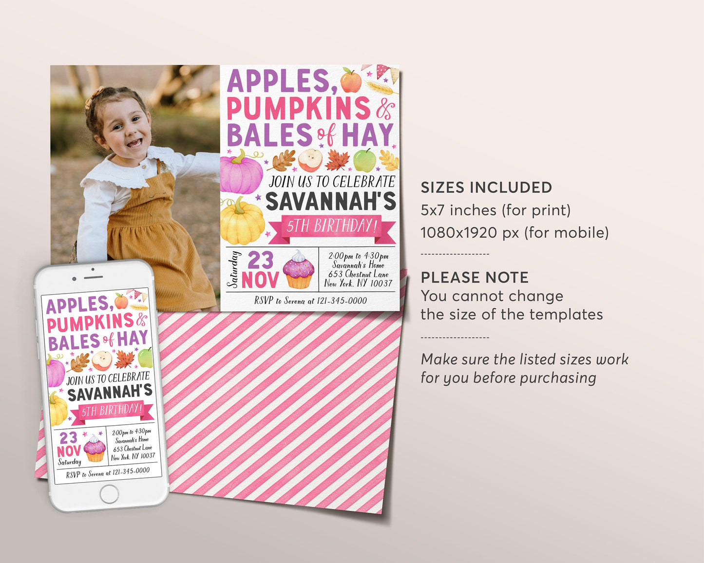 Apple and Pumpkins Birthday Invitation With Photo Editable Template, Kids Unisex Thanksgiving Bales Of Hay Party Invite, Pumpkin Patch Fall