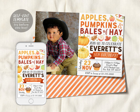 Apple and Pumpkins Birthday Invitation With Photo Editable Template