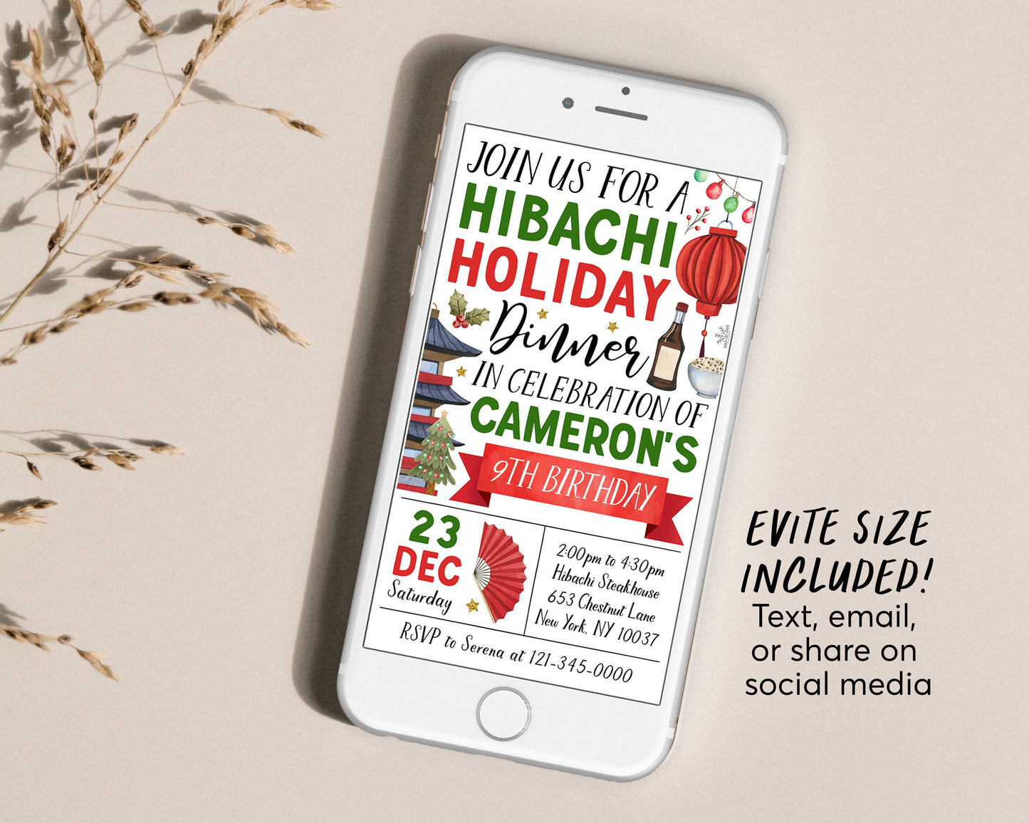 Christmas Hibachi Dinner Party Invitation With Photo Editable Template, Hibachi Japanese Restaurant Birthday Party Invite, Japan BBQ Holiday