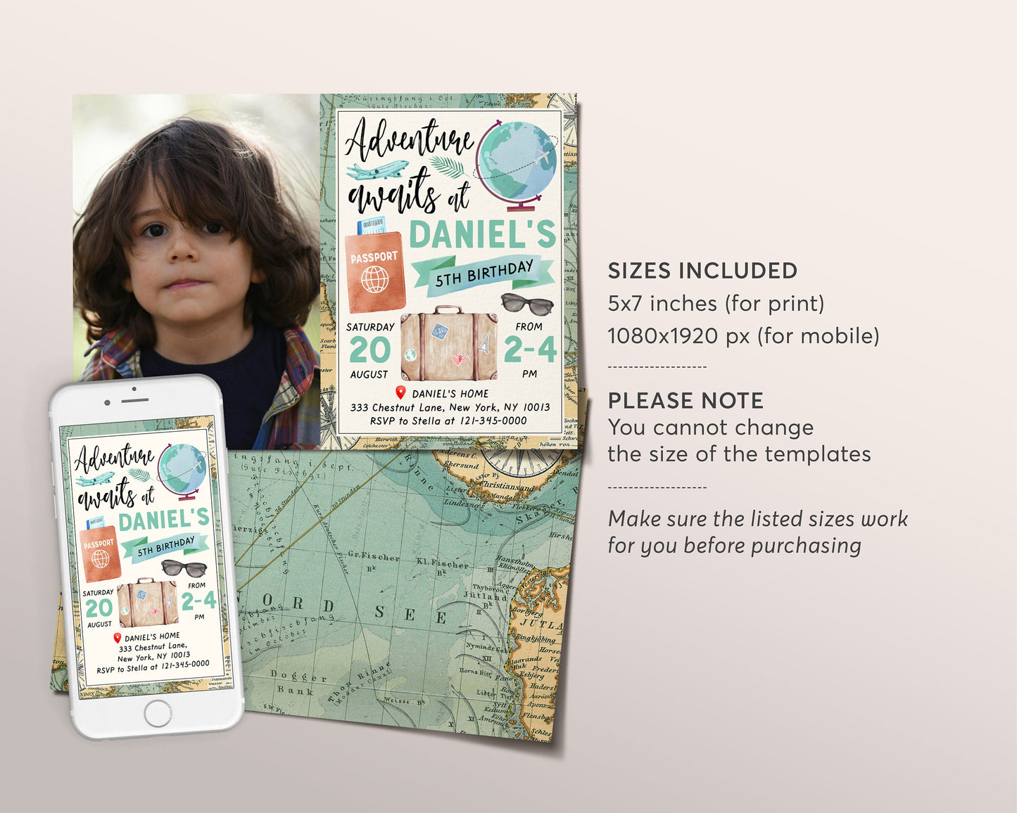 Adventure Awaits Travel Birthday Party Invitation With Photo Editable Template, Around the World Vintage Map Passport Invite Printable Evite