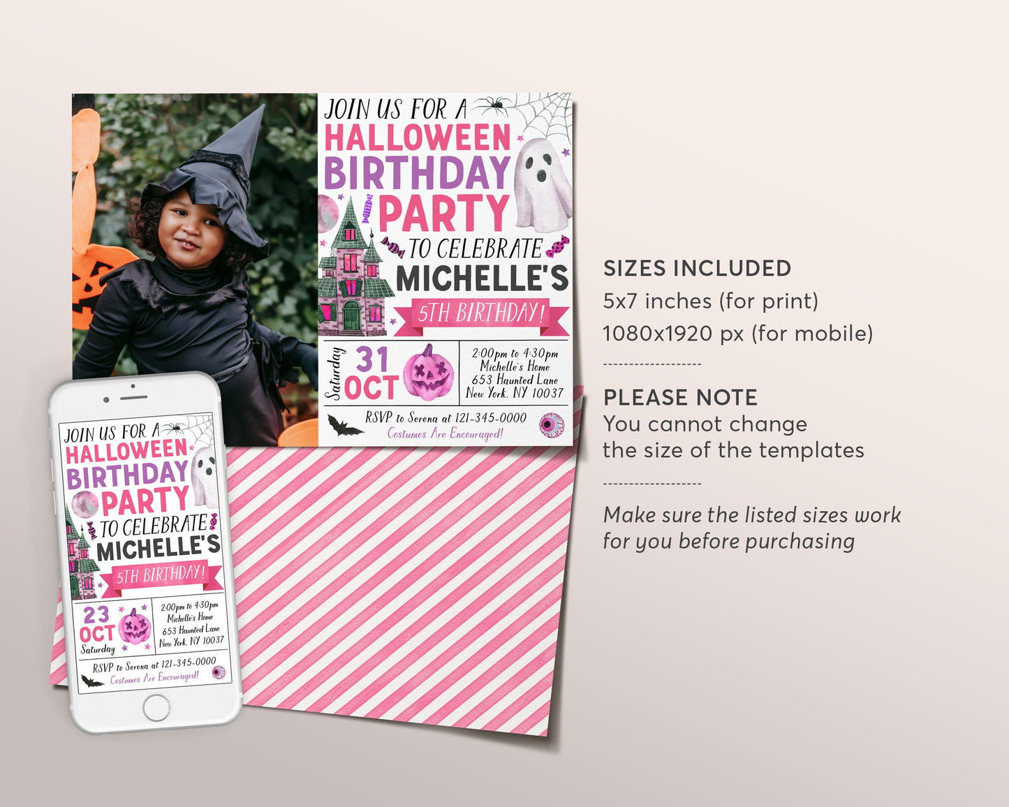 Halloween Birthday Invitation With Photo Editable Template, Girl Ghost Party Invite, Kids Spooktacular Costume Party Evite Haunted House