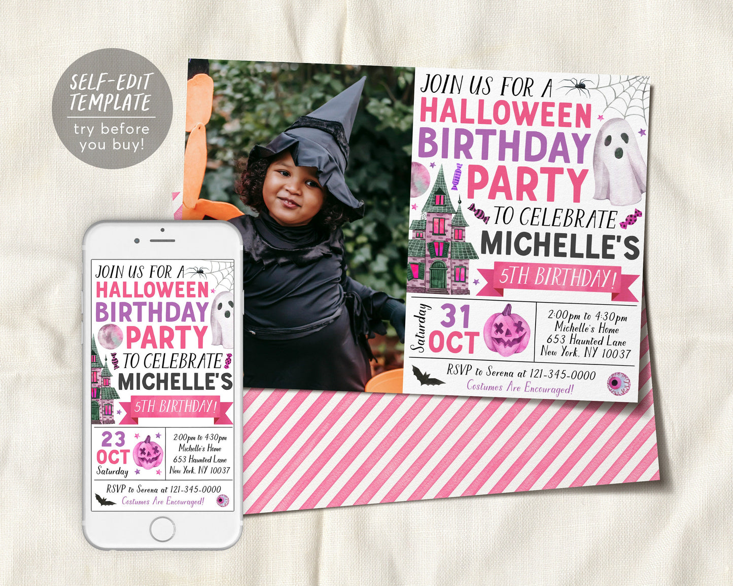 Halloween Birthday Invitation With Photo Editable Template