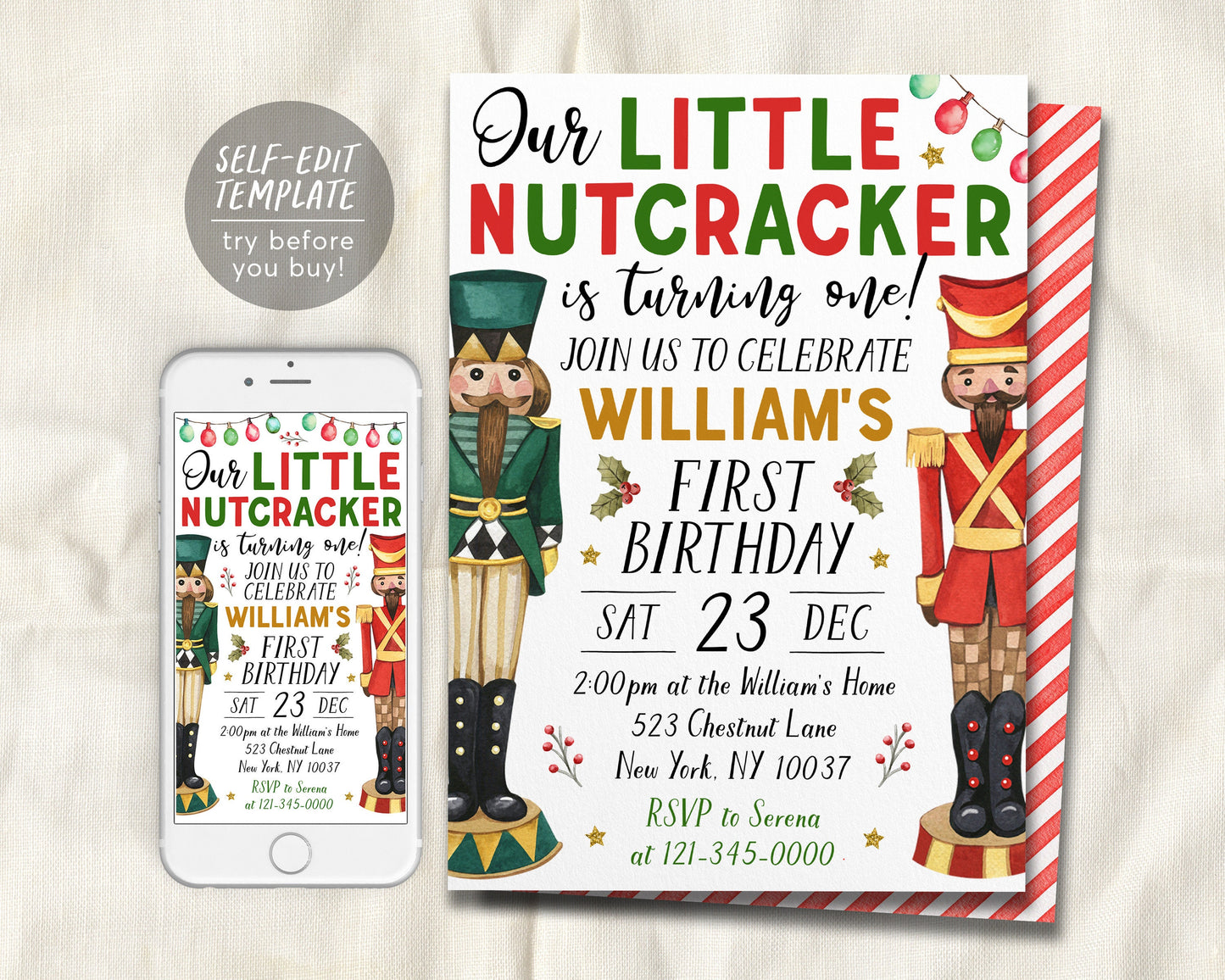 Little Nutcracker First Birthday Invitation Editable Template