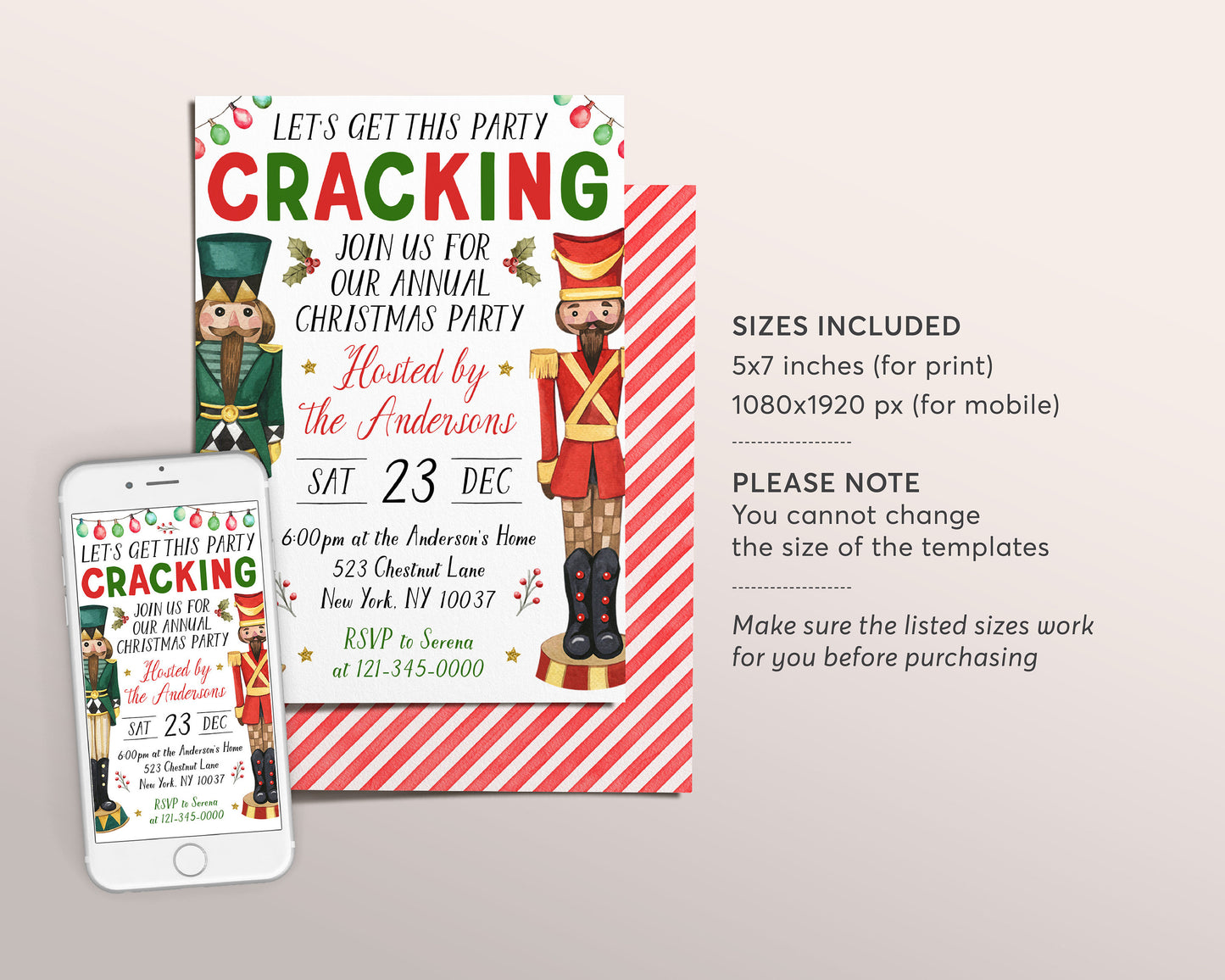 Nutcracker Christmas Party Invitation Editable Template, Holiday Let's Get This Party Cracking Invite, Winter Evite, Let's Get Crackin'