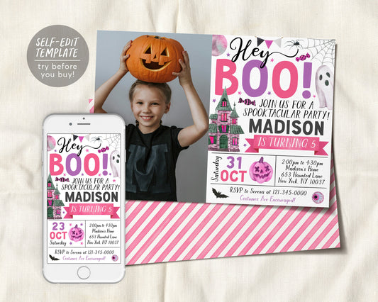 Halloween Birthday Invitation With Photo Editable Template